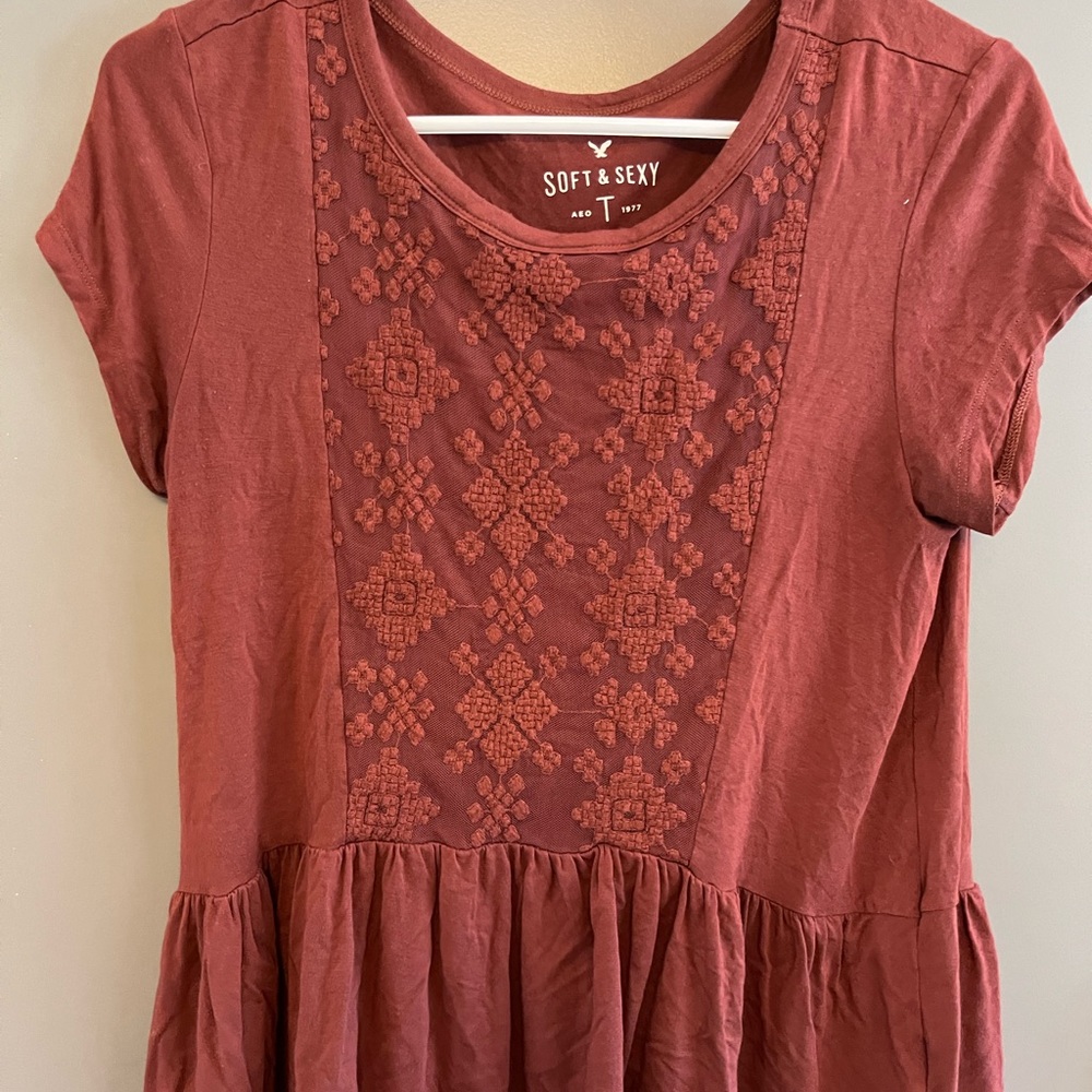 American Eagle lace-panel, peplum blouse- XS, rust